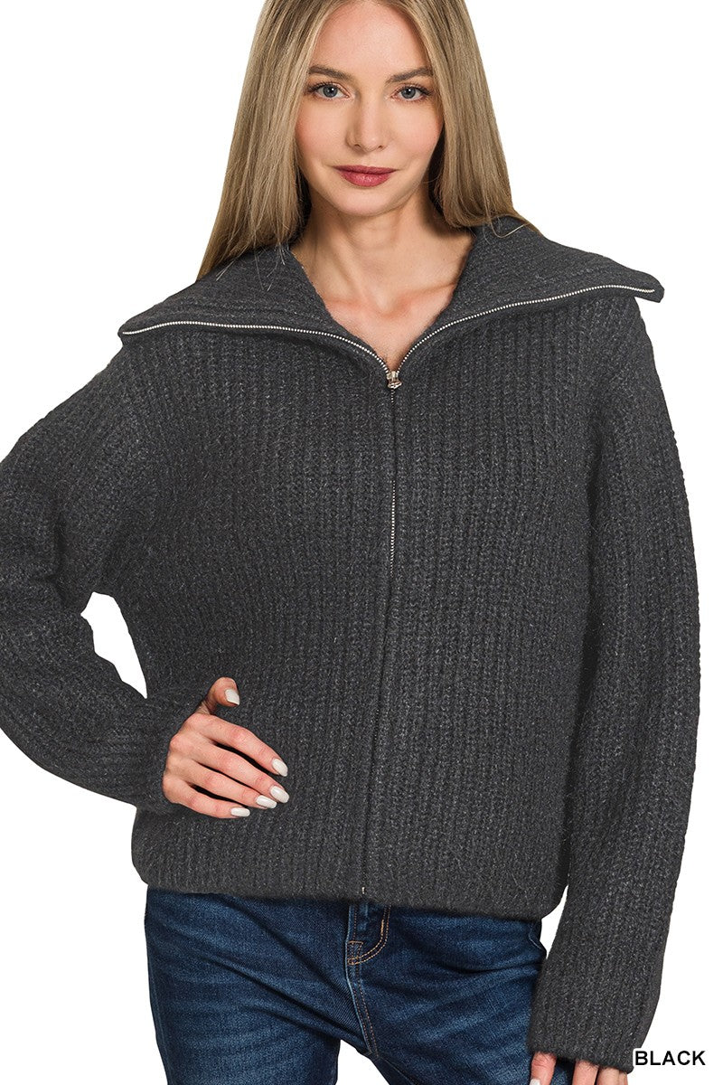 Sarah High Full Zip Neck Sweater in Black