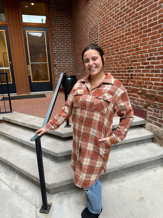 Cleo Rust, Cream & Brown Plaid Long Flannel