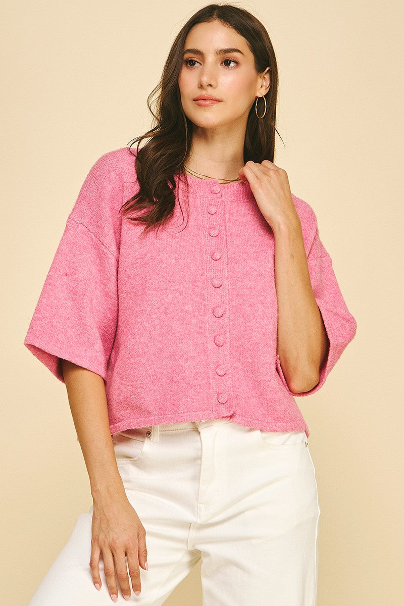Caitlin Button Down Short Sleeve Sweater in Pink
