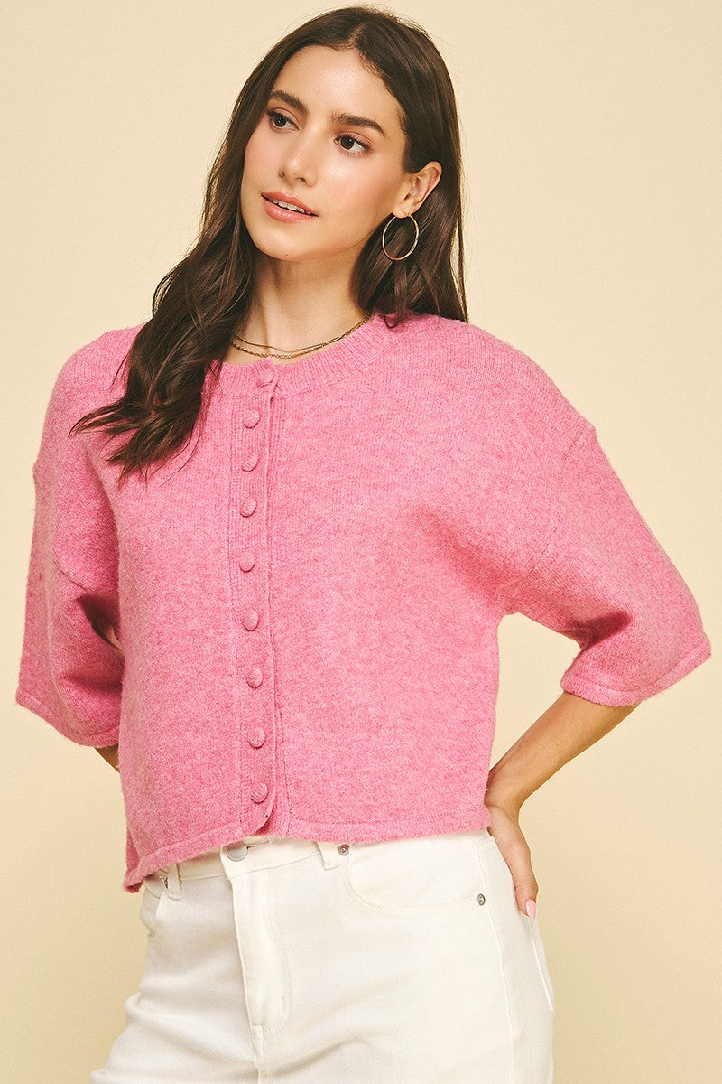 Caitlin Button Down Short Sleeve Sweater in Pink