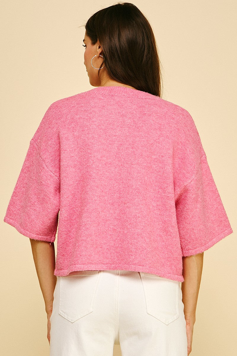 Caitlin Button Down Short Sleeve Sweater in Pink