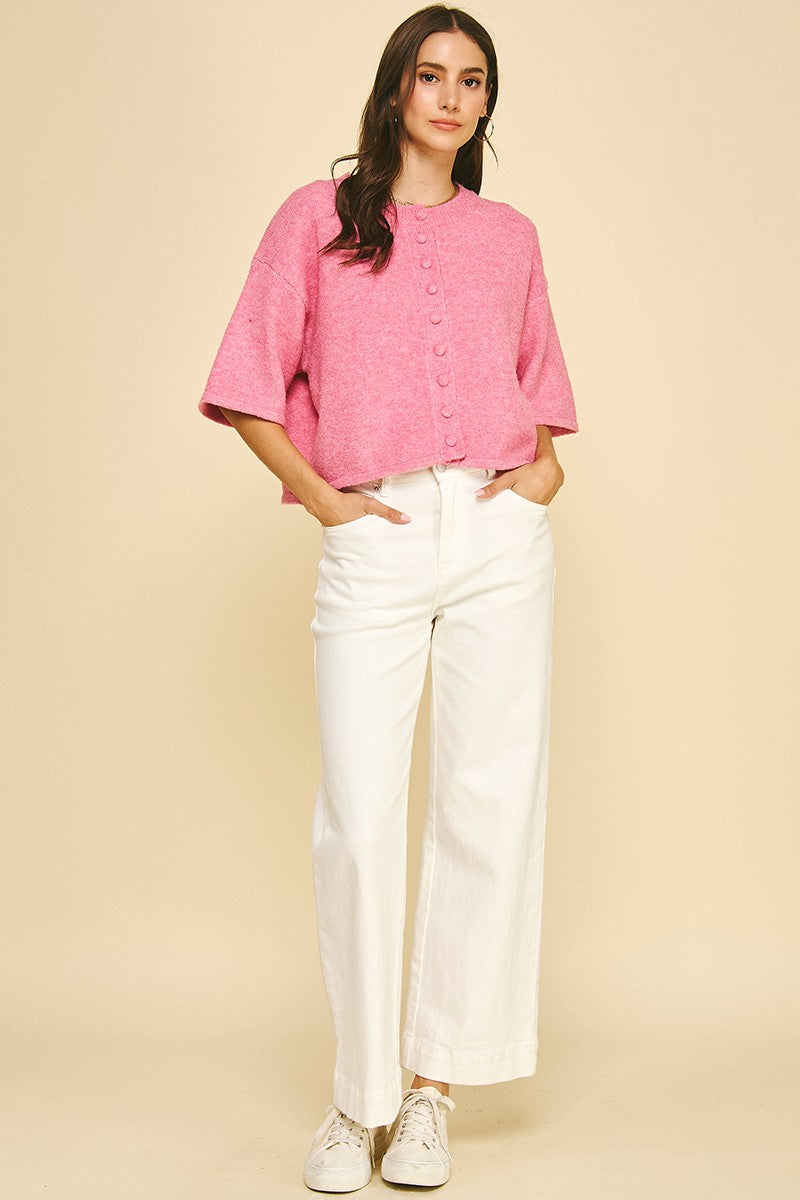 Caitlin Button Down Short Sleeve Sweater in Pink