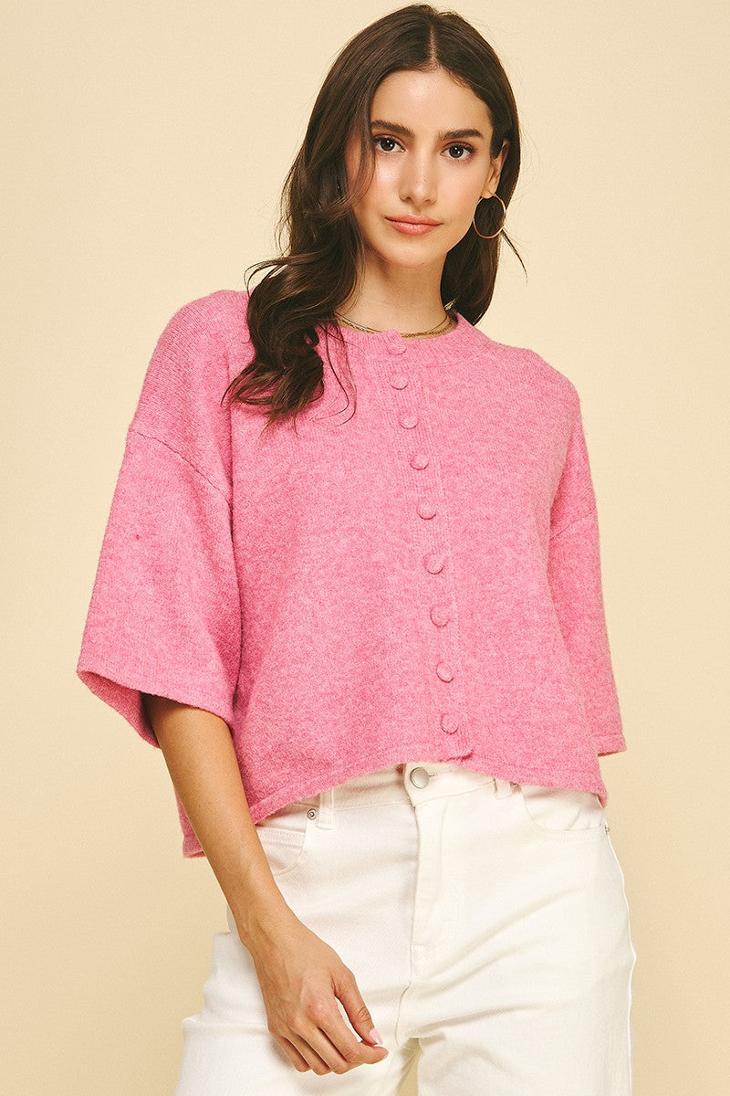 Caitlin Button Down Short Sleeve Sweater in Pink