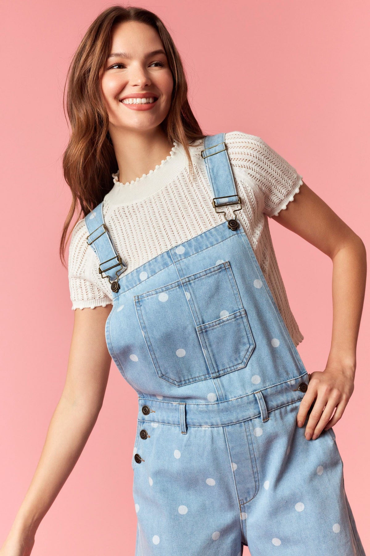 Gina Polka Dot Utility Overalls In Light Denim