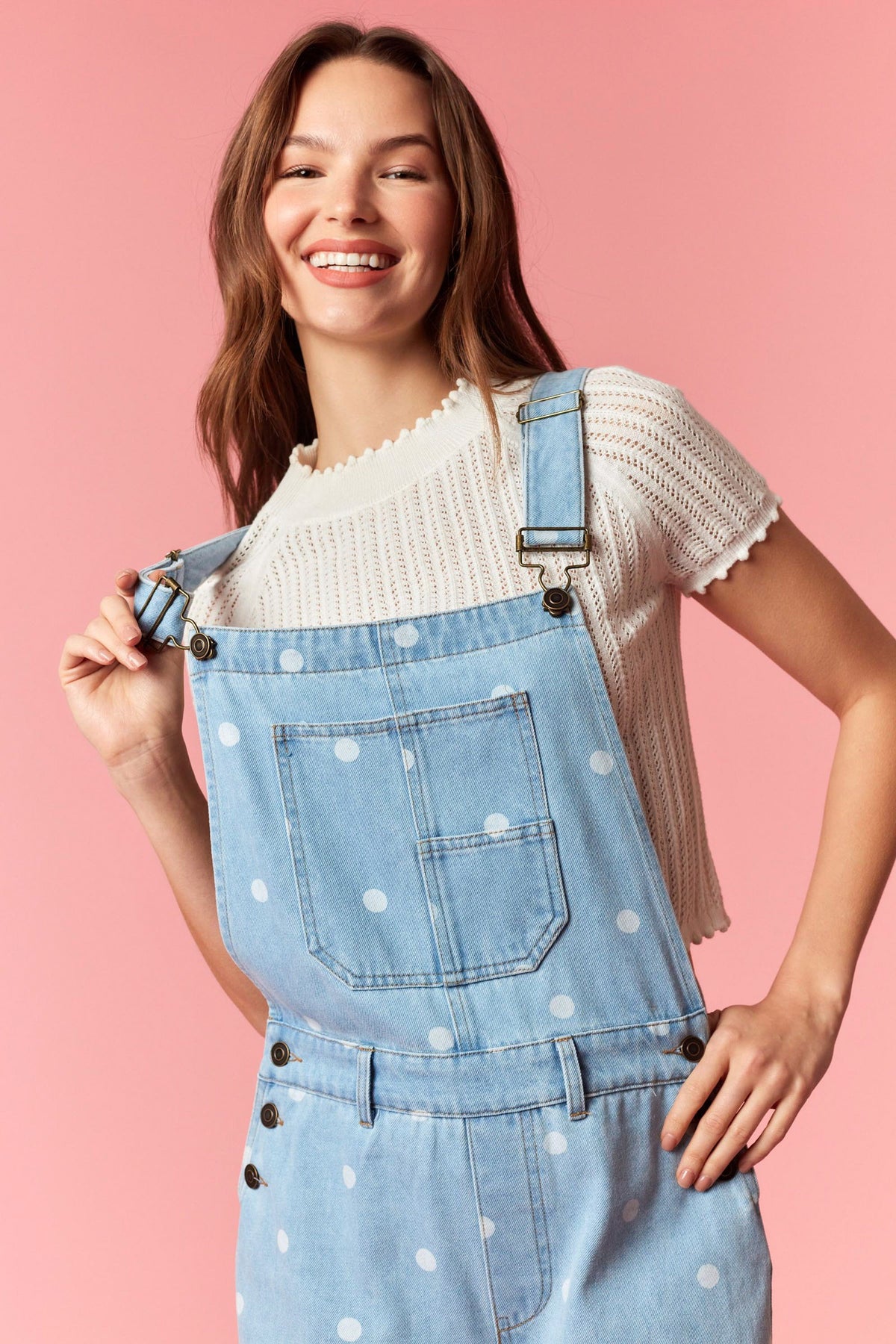 Gina Polka Dot Utility Overalls In Light Denim