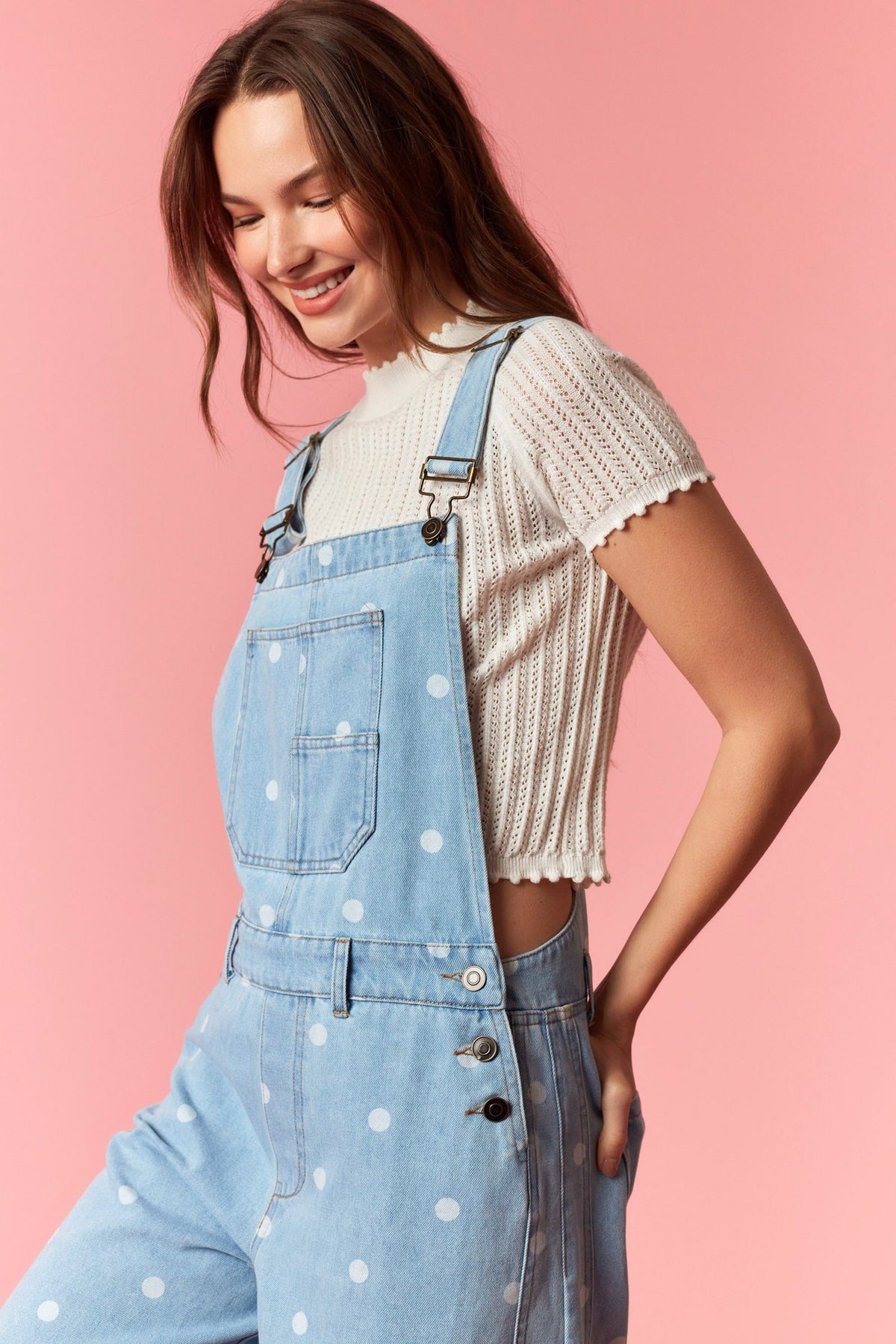 Gina Polka Dot Utility Overalls In Light Denim