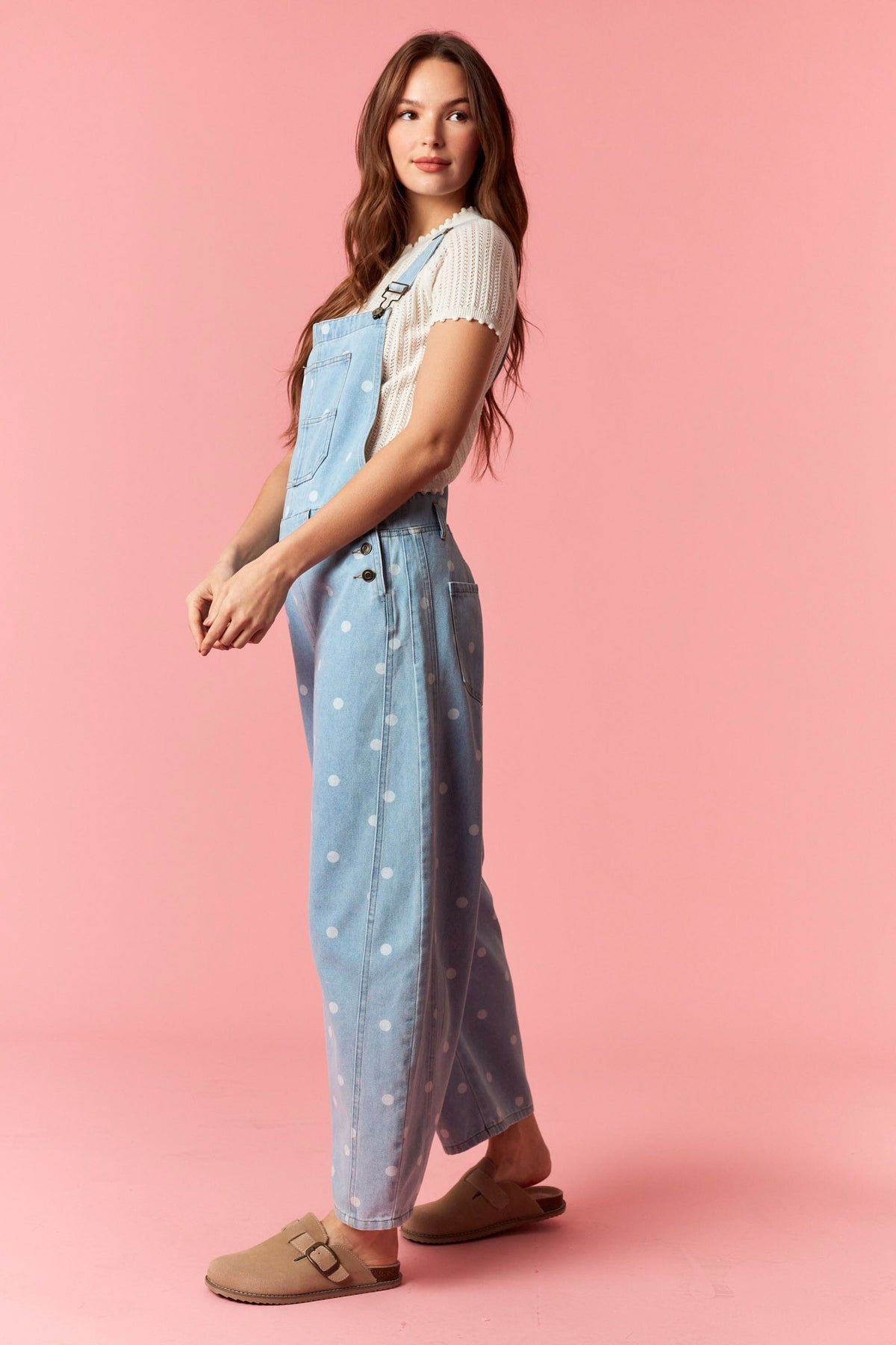 Gina Polka Dot Utility Overalls In Light Denim