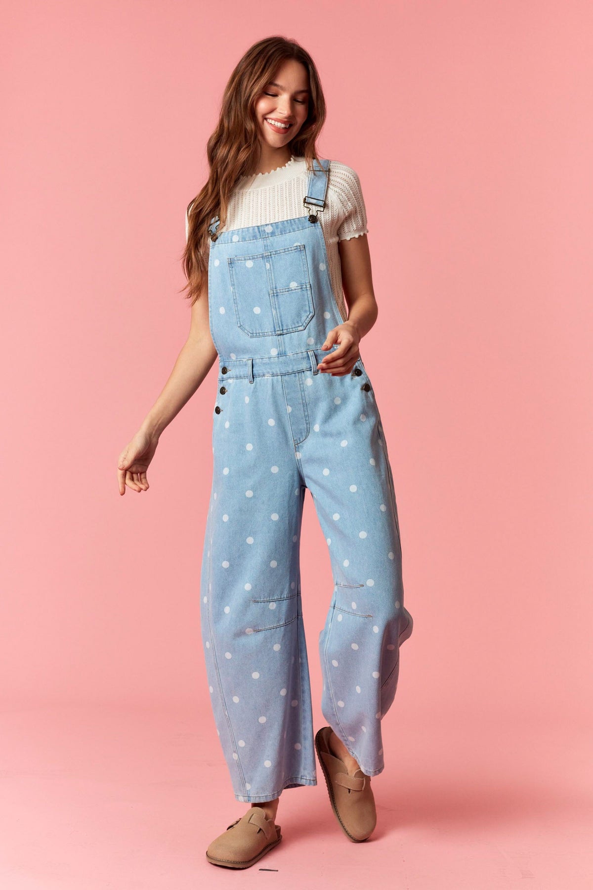 Gina Polka Dot Utility Overalls In Light Denim