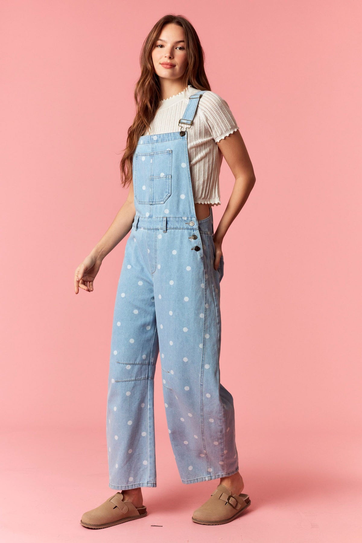 Gina Polka Dot Utility Overalls In Light Denim