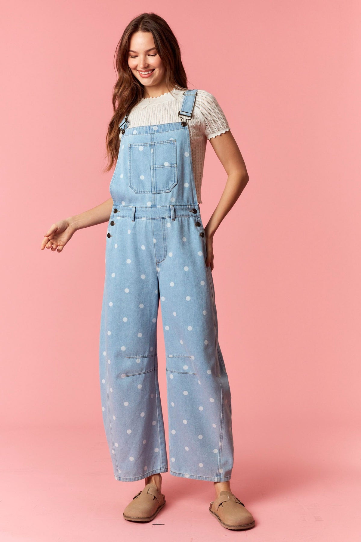 Gina Polka Dot Utility Overalls In Light Denim
