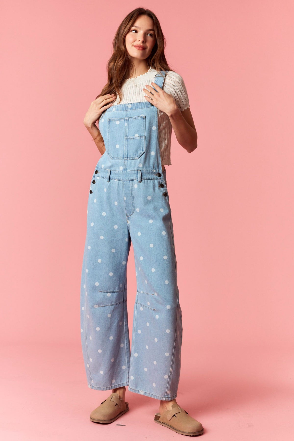 Gina Polka Dot Utility Overalls In Light Denim