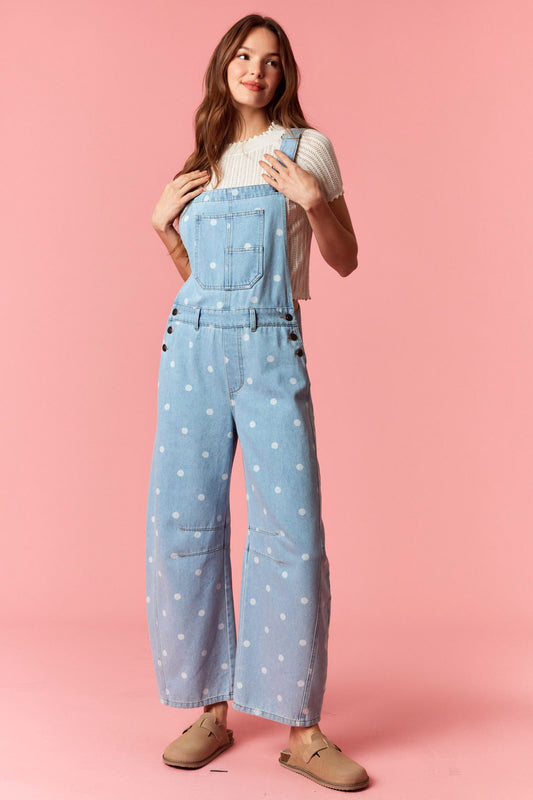 Gina Polka Dot Utility Overalls In Light Denim