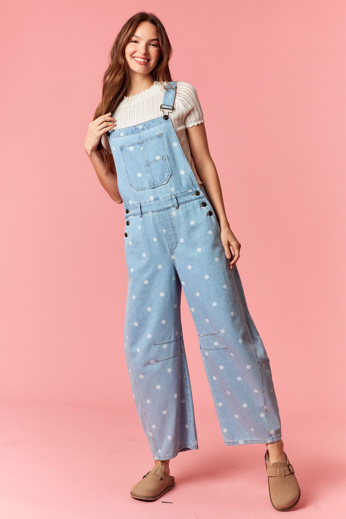 Gina Polka Dot Utility Overalls In Light Denim