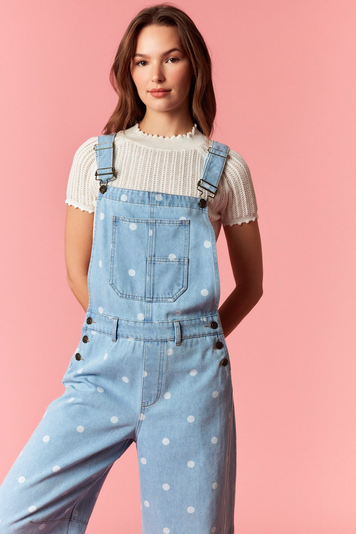 Gina Polka Dot Utility Overalls In Light Denim