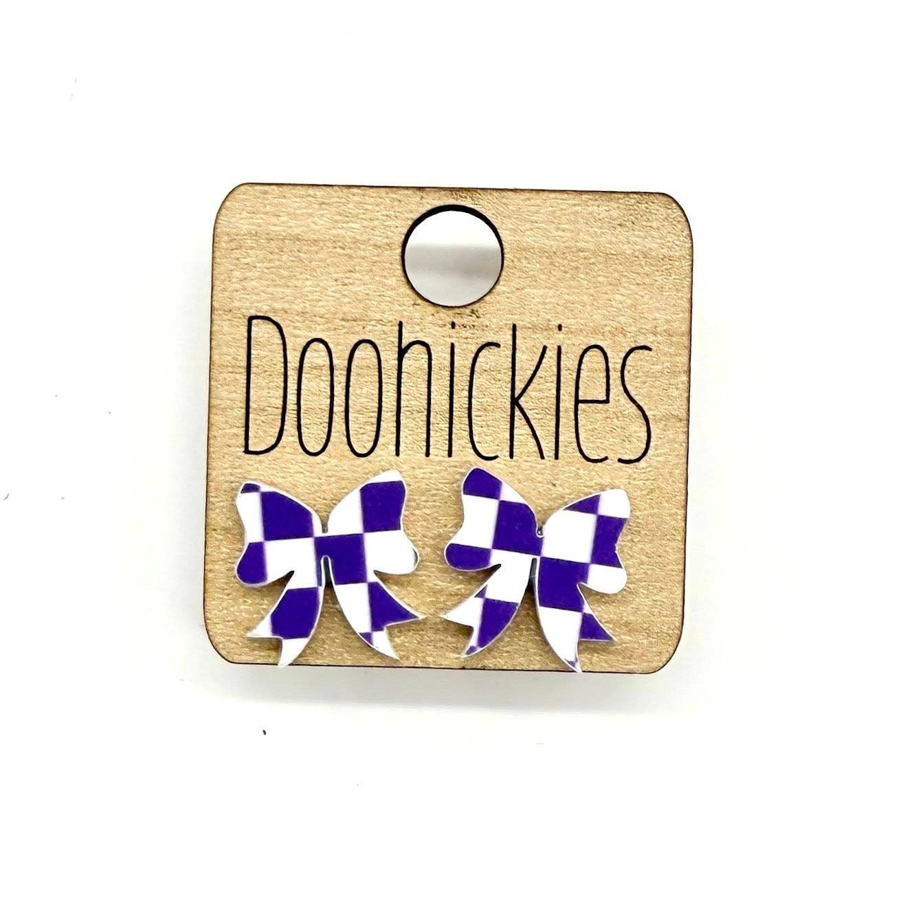 School Spirit Checkered Bow Stud Earrings in Purple