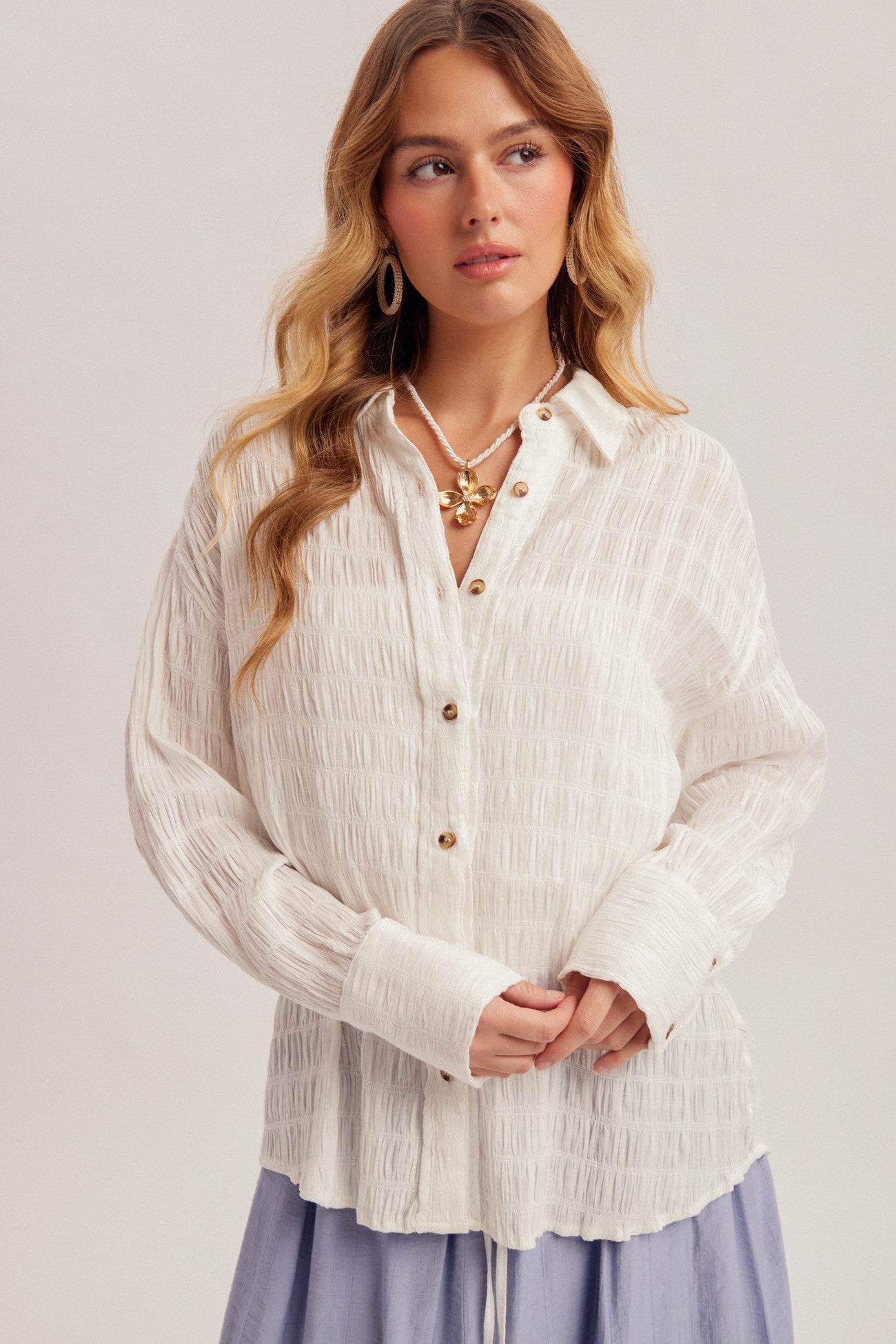 Kallie Textured Fabric Button Down in Ecru