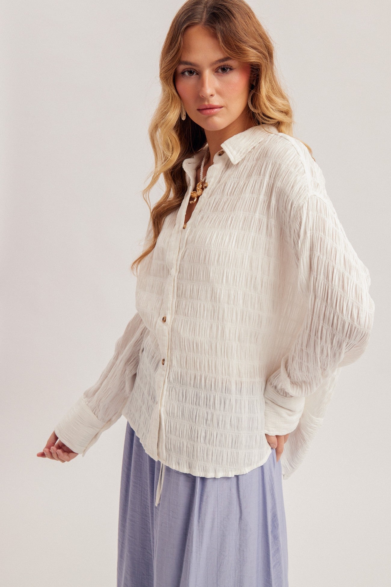 Kallie Textured Fabric Button Down in Ecru