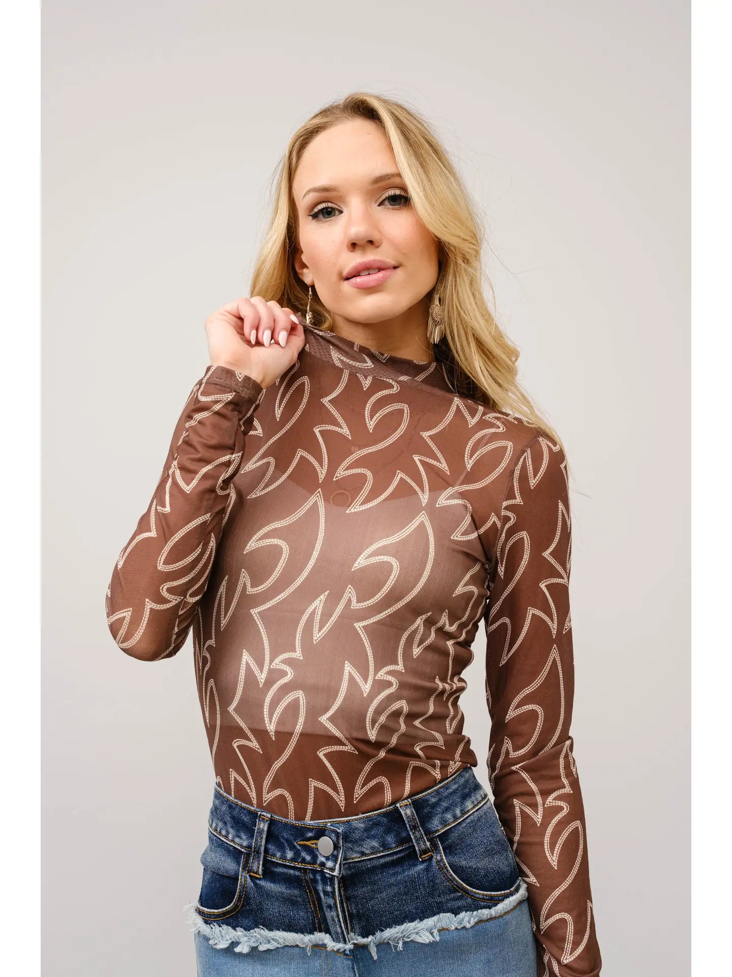 Paige Boots Stitch Throughout Mesh Mock Neck Fitted Top
