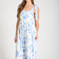 Kori Floral Border Empire Waist Tie Strap Midi Dress in Light Blue
