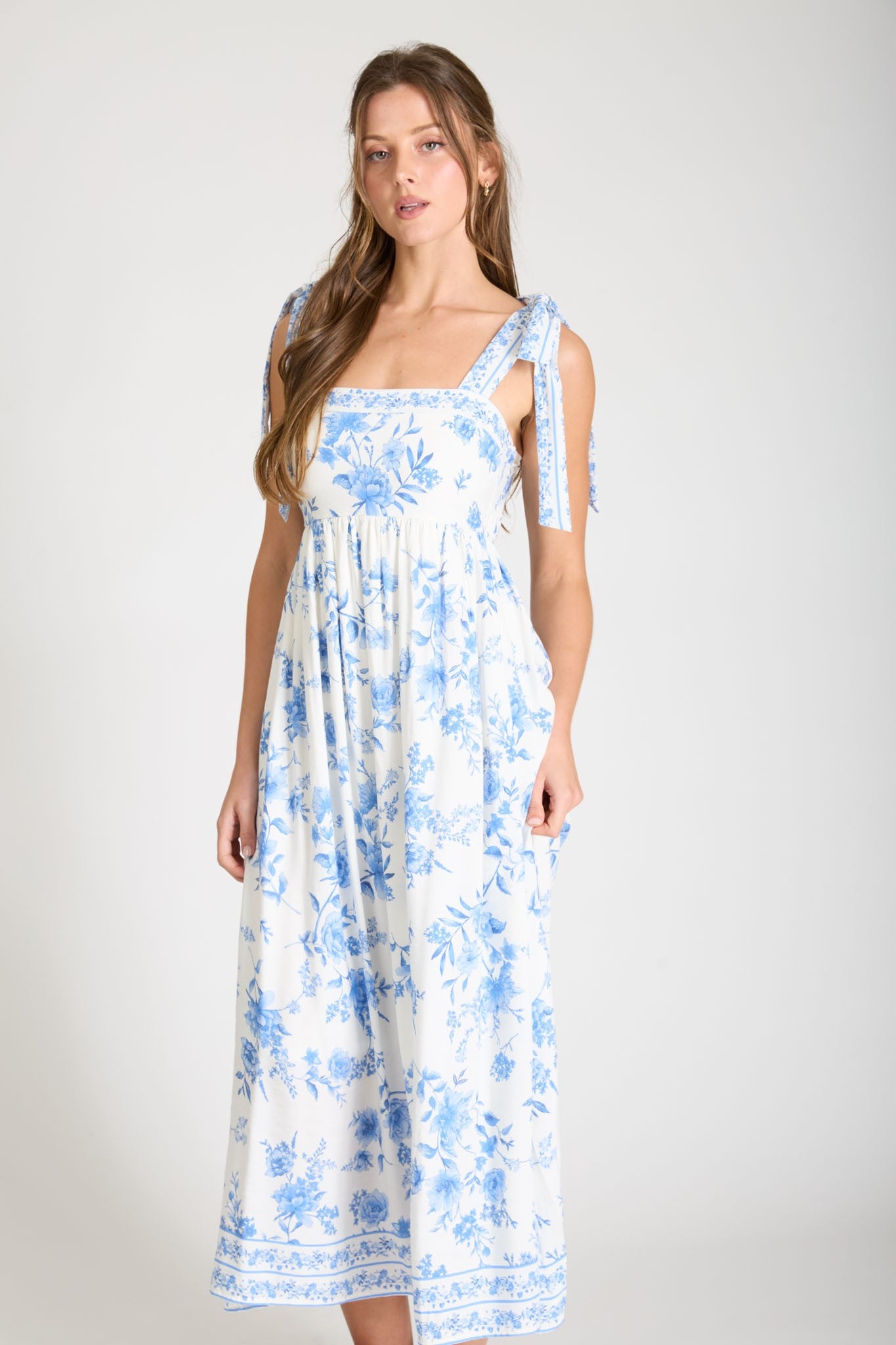 Kori Floral Border Empire Waist Tie Strap Midi Dress in Light Blue