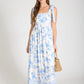 Kori Floral Border Empire Waist Tie Strap Midi Dress in Light Blue