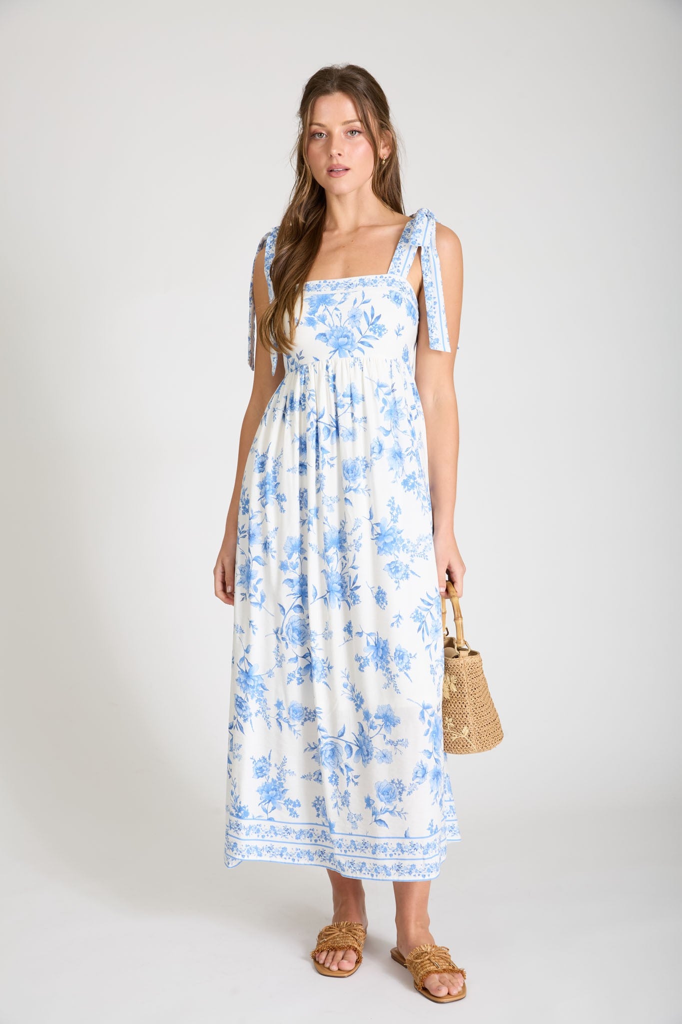 Kori Floral Border Empire Waist Tie Strap Midi Dress in Light Blue