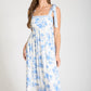 Kori Floral Border Empire Waist Tie Strap Midi Dress in Light Blue
