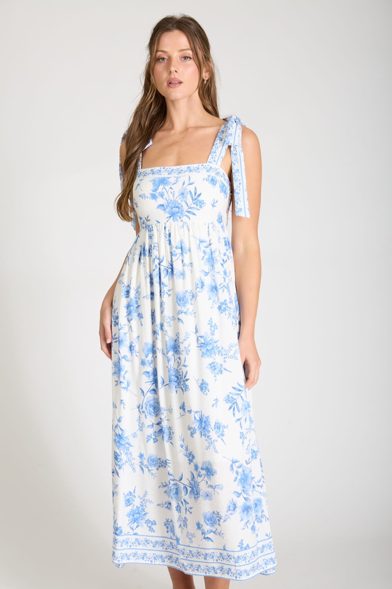 Kori Floral Border Empire Waist Tie Strap Midi Dress in Light Blue