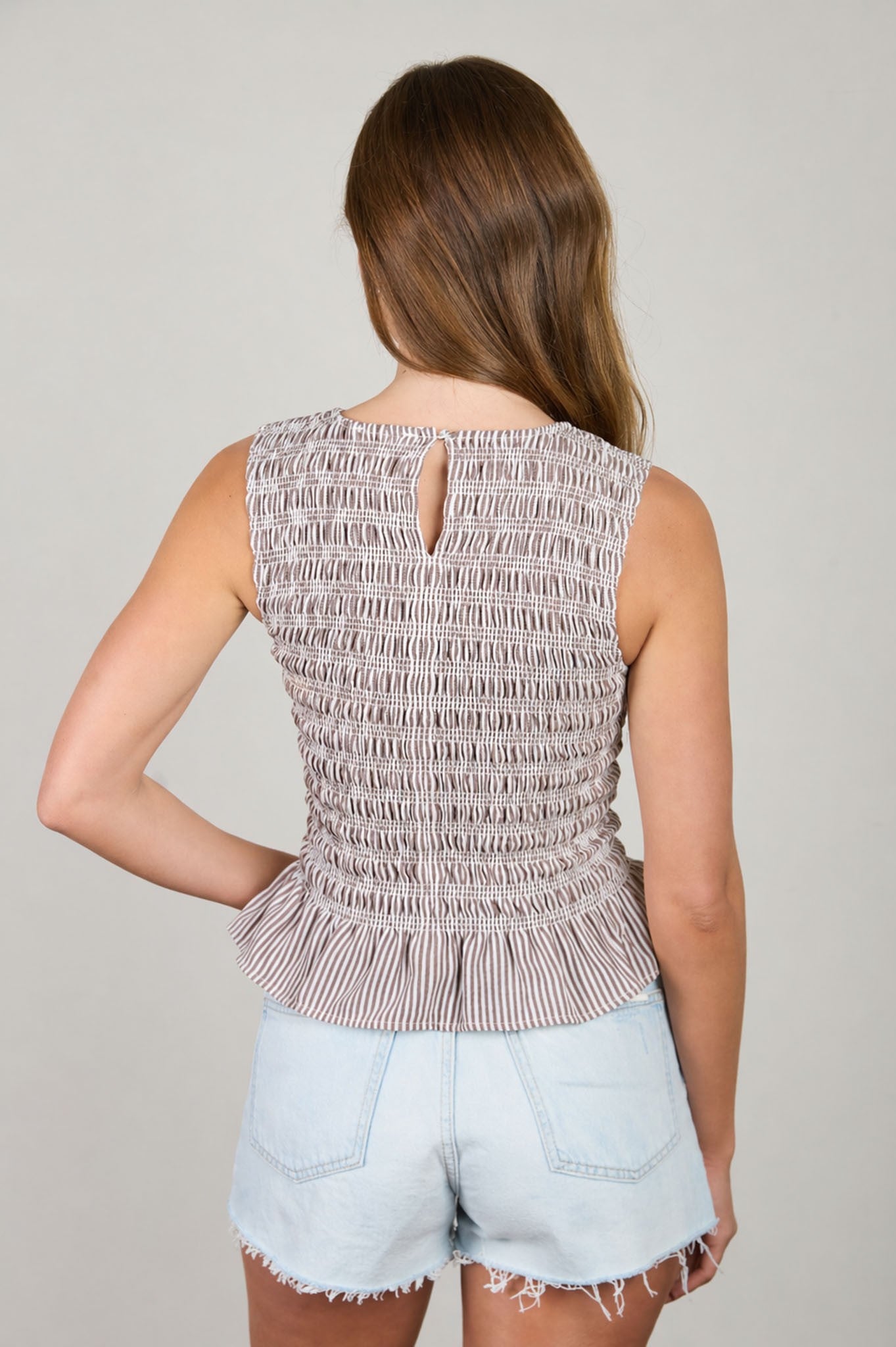 Makayla Stripe Sleeveless Smocked Blouse in Khaki