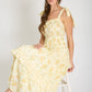 Layla Floral Sweetheart Smocked Ruffle Detail Midi Dress in Yellow