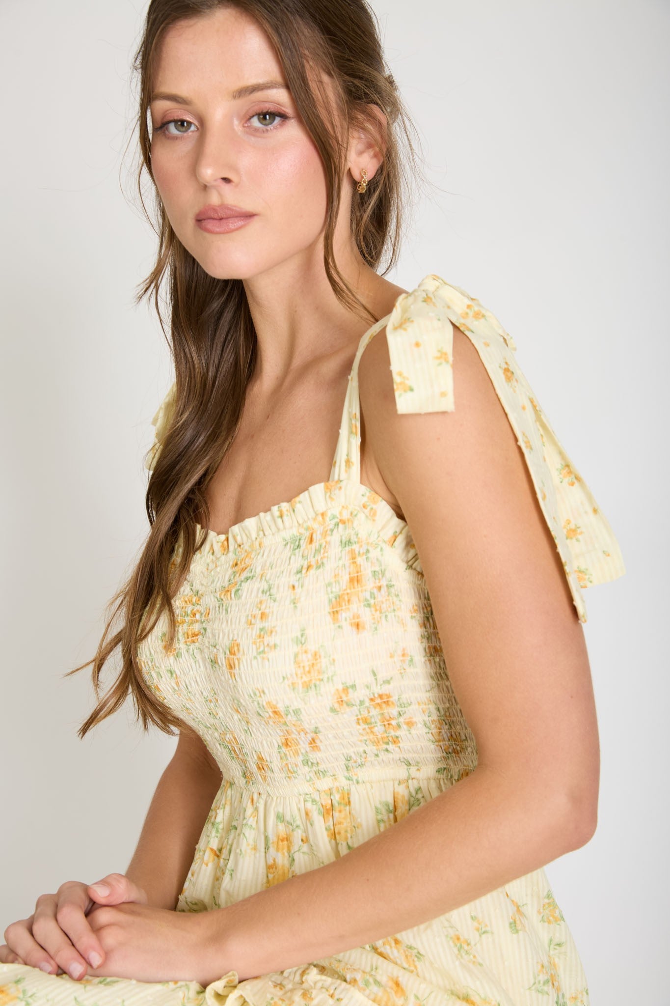 Layla Floral Sweetheart Smocked Ruffle Detail Midi Dress in Yellow