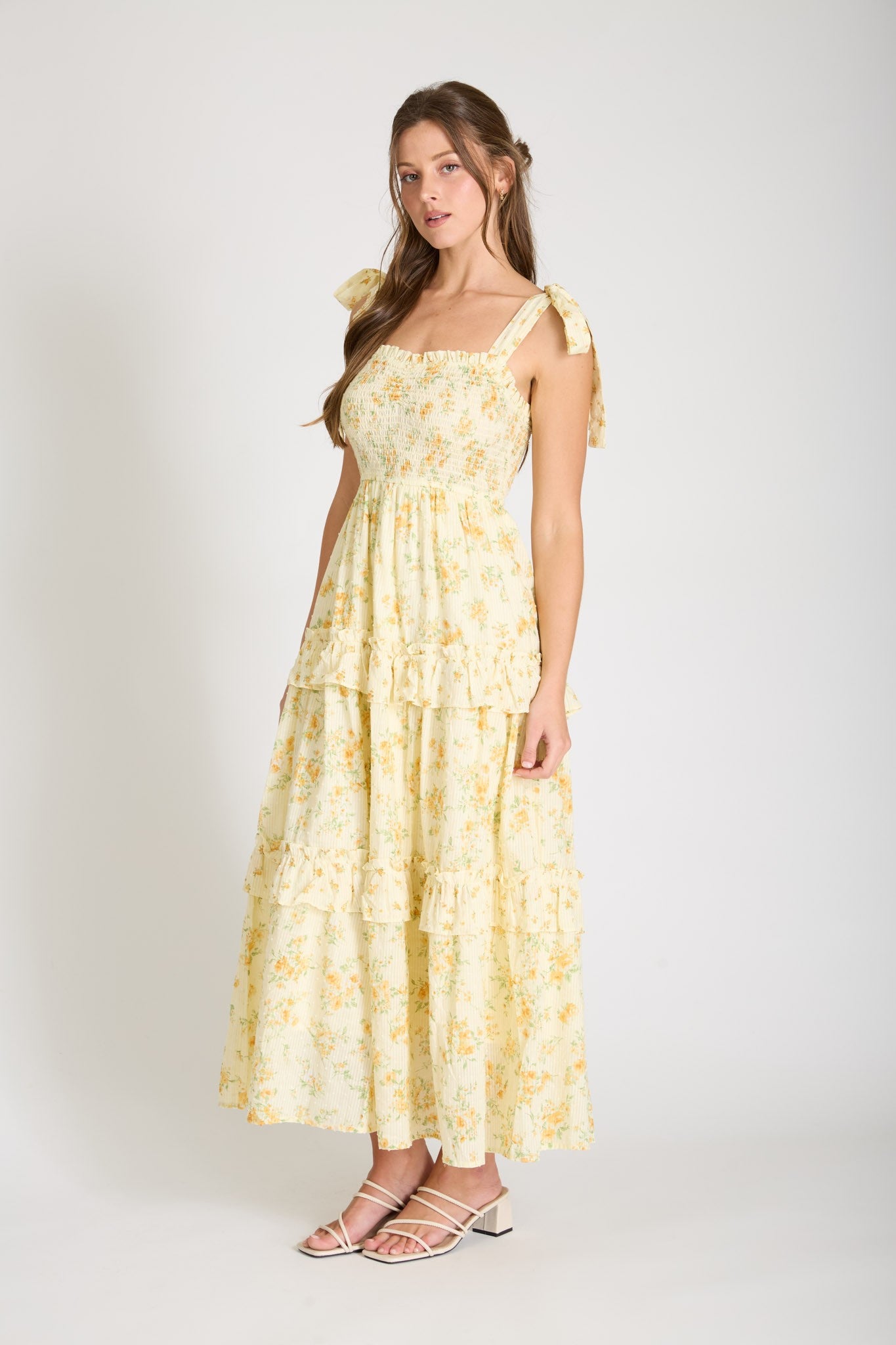 Layla Floral Sweetheart Smocked Ruffle Detail Midi Dress in Yellow