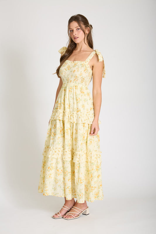 Layla Floral Sweetheart Smocked Ruffle Detail Midi Dress in Yellow