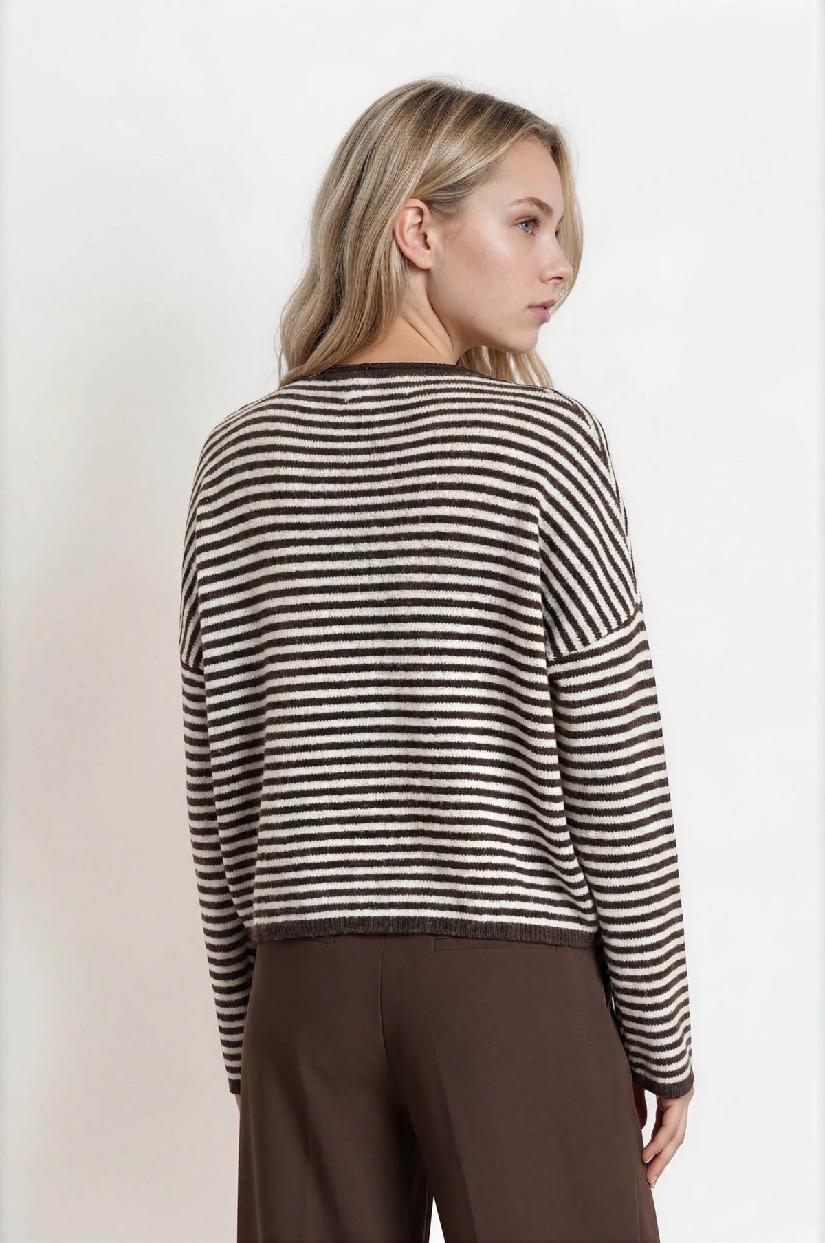 Lucille Stripe Raw Edge Drop Shoulder Knit Cardigan in Dark Brown