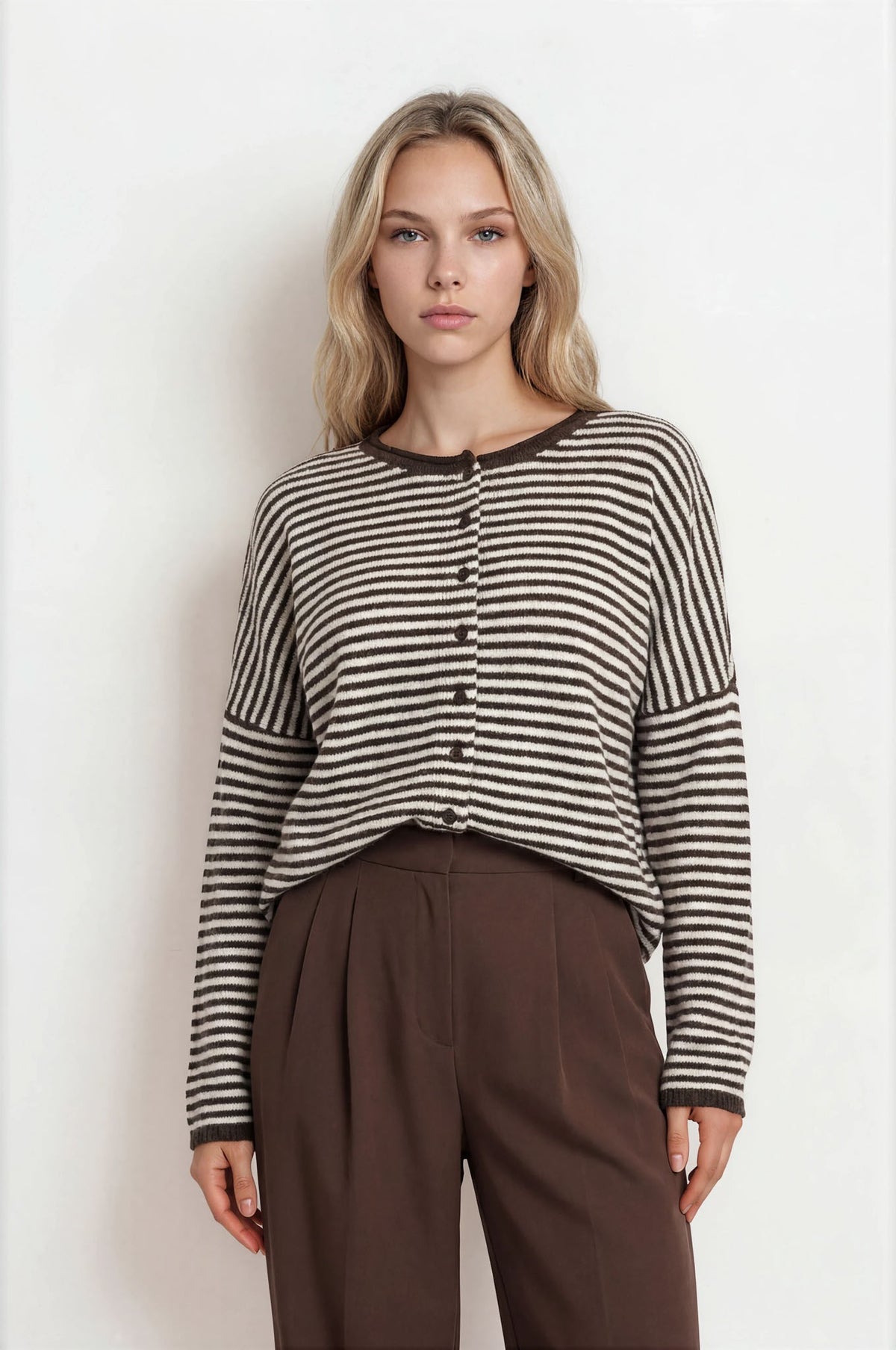 Lucille Stripe Raw Edge Drop Shoulder Knit Cardigan in Dark Brown