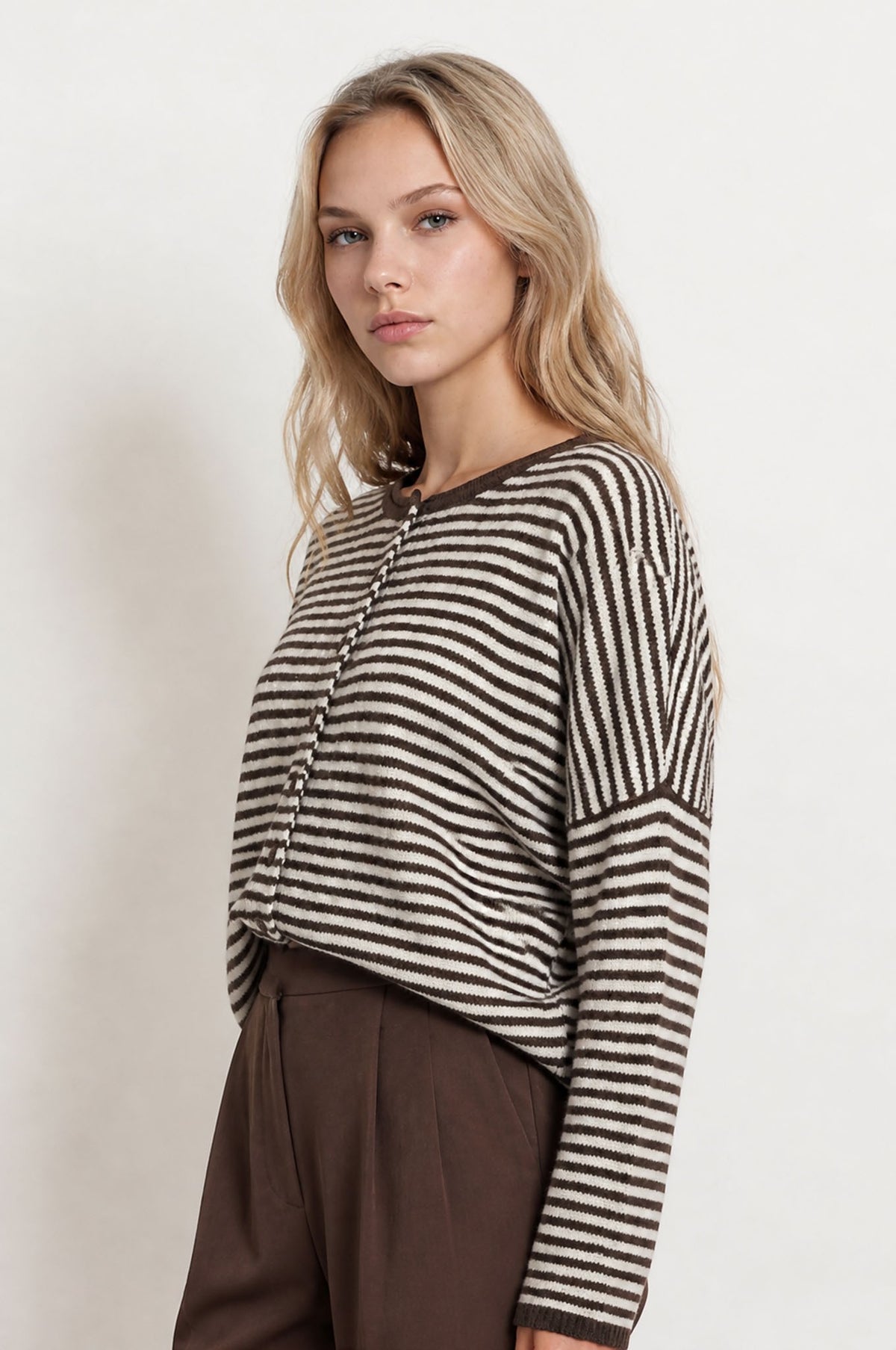 Lucille Stripe Raw Edge Drop Shoulder Knit Cardigan in Dark Brown