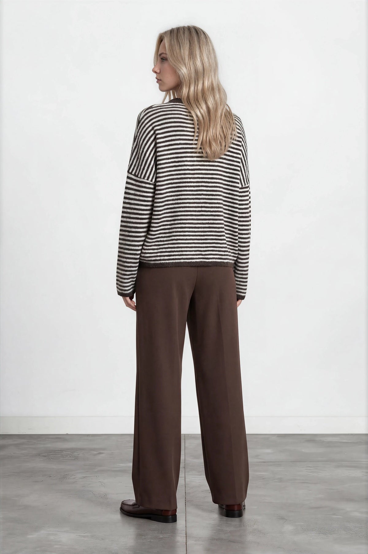 Lucille Stripe Raw Edge Drop Shoulder Knit Cardigan in Dark Brown