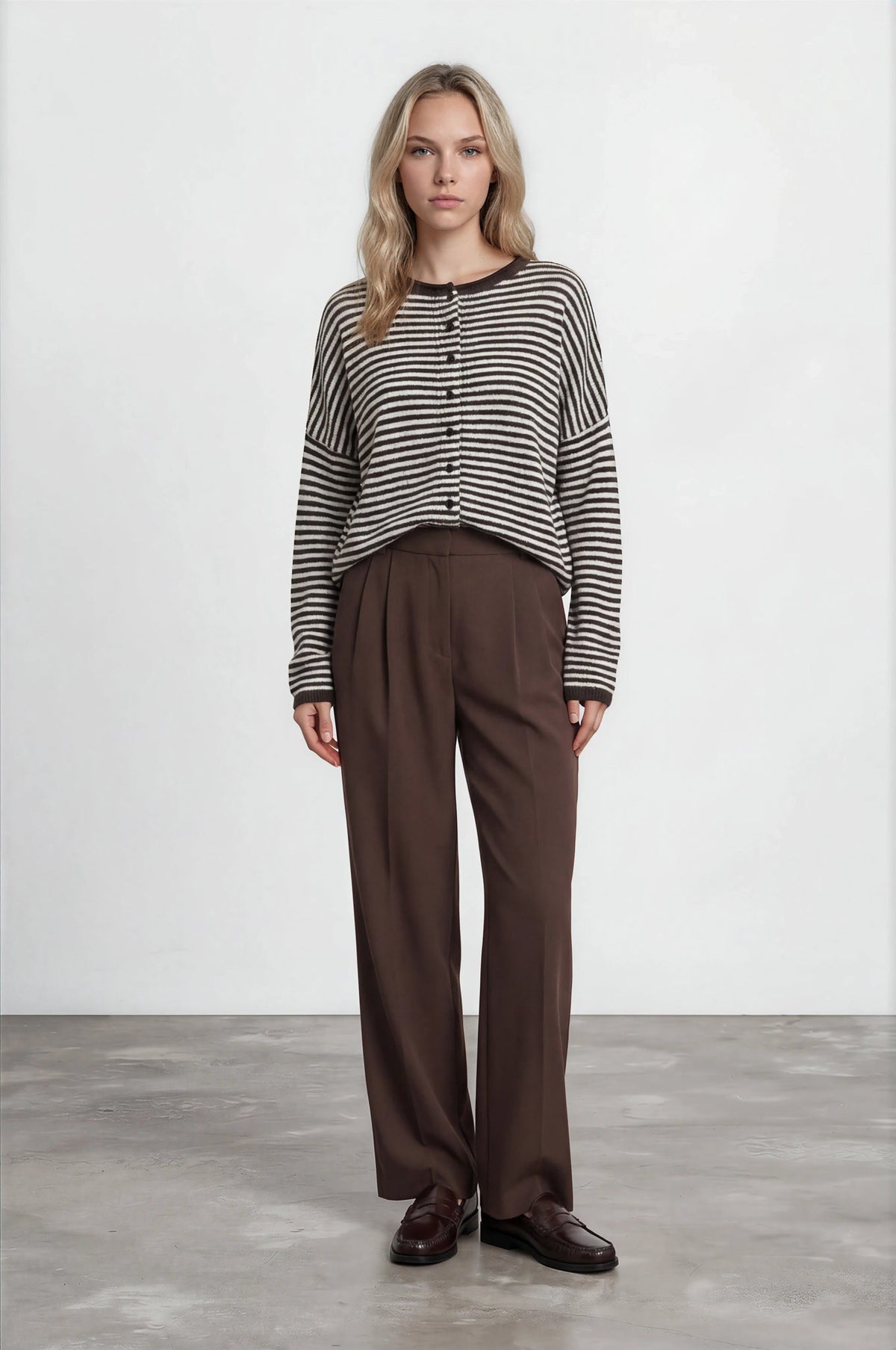 Lucille Stripe Raw Edge Drop Shoulder Knit Cardigan in Dark Brown