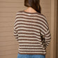 Tera Stripe Raw Edge Split Neck Sheer Knit Sweater