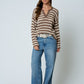 Tera Stripe Raw Edge Split Neck Sheer Knit Sweater