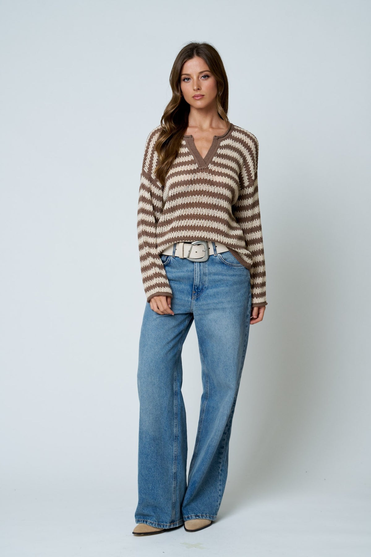 Tera Stripe Raw Edge Split Neck Sheer Knit Sweater