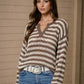 Tera Stripe Raw Edge Split Neck Sheer Knit Sweater