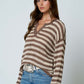 Tera Stripe Raw Edge Split Neck Sheer Knit Sweater