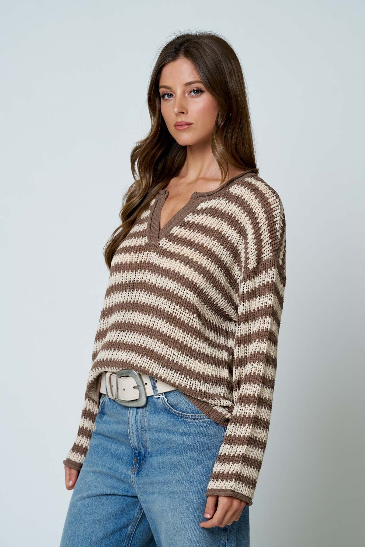 Tera Stripe Raw Edge Split Neck Sheer Knit Sweater