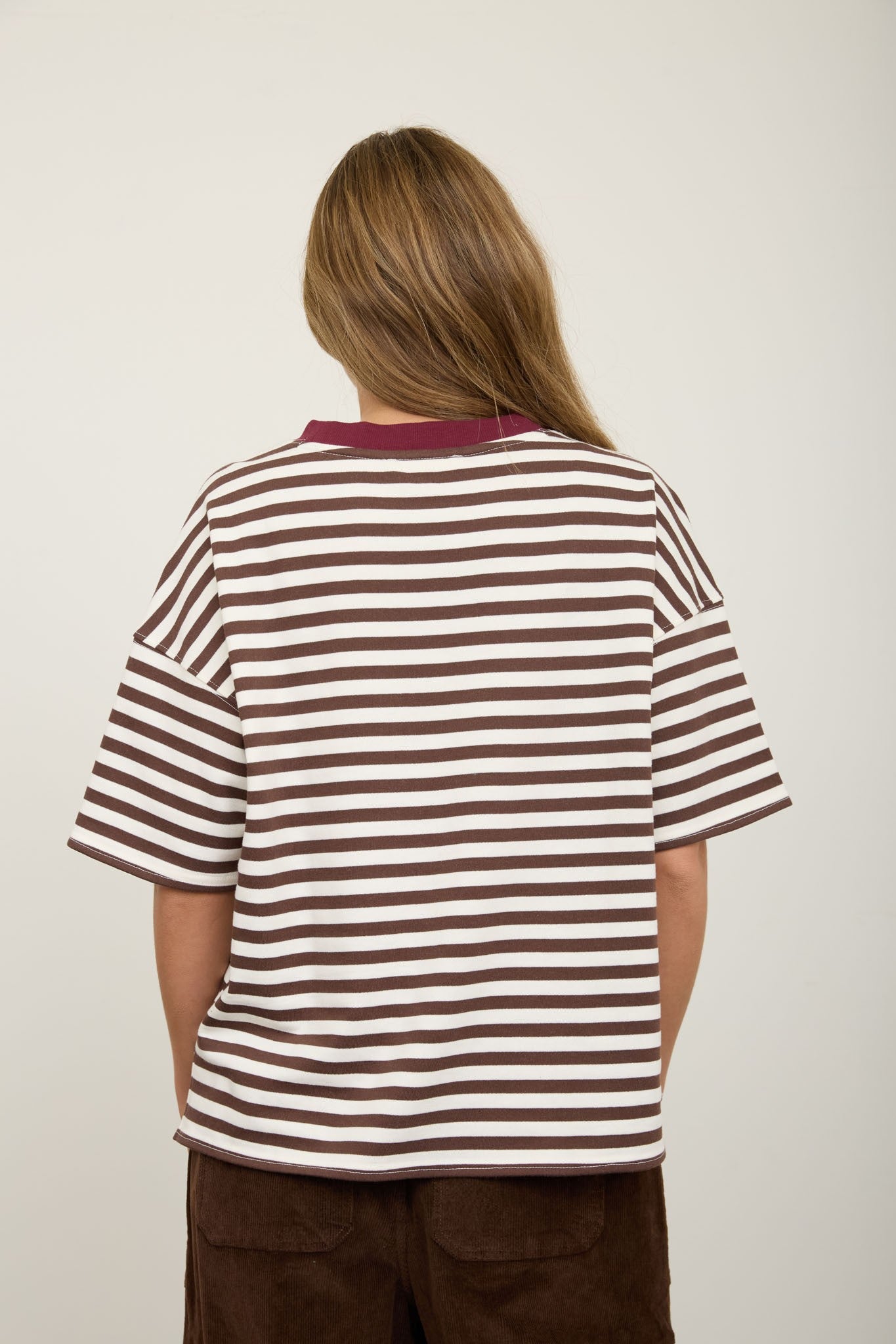 Dark Brown Stripe Colorblock Detail Short Sleeve Knit T-shirt