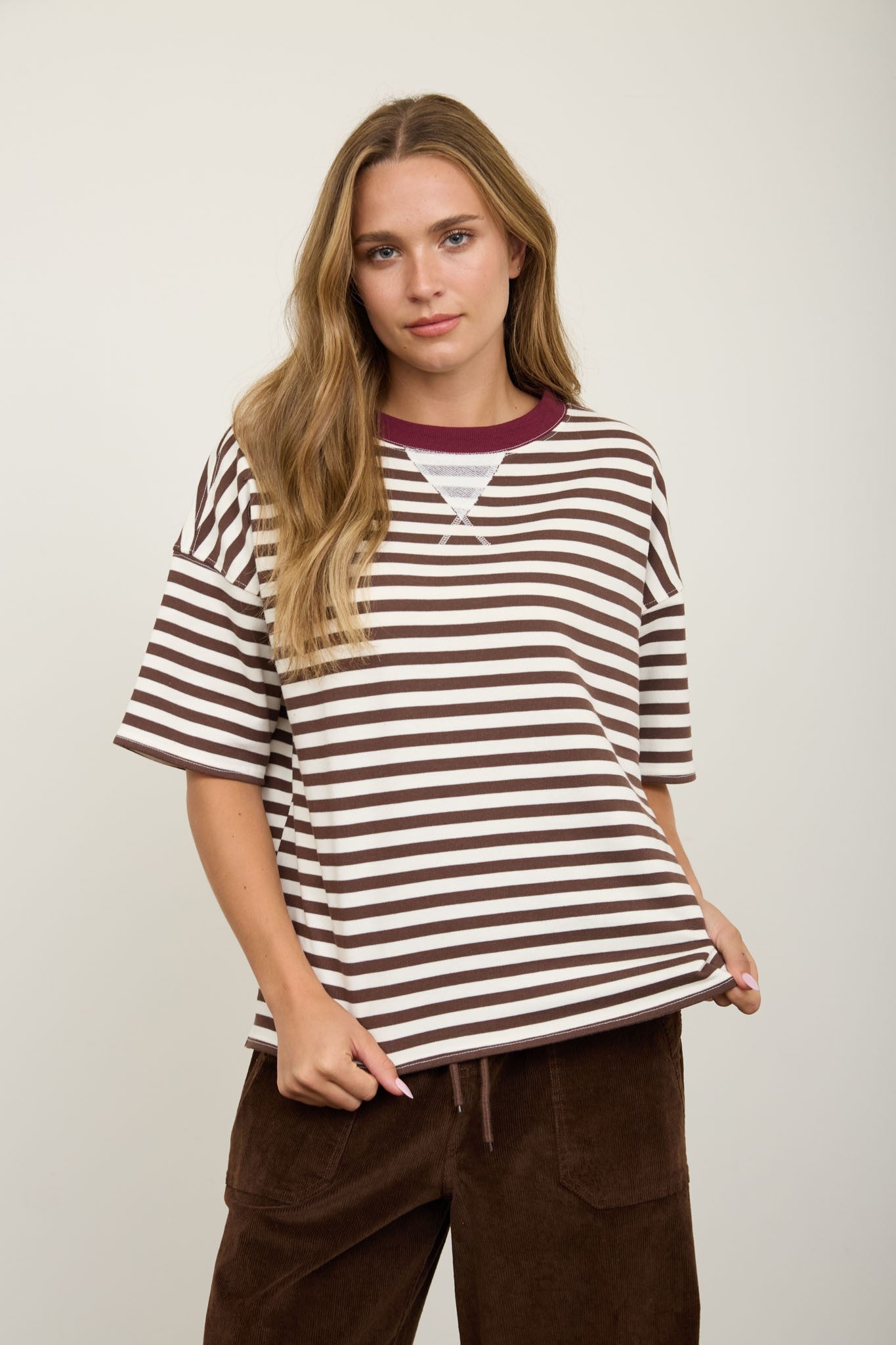 Dark Brown Stripe Colorblock Detail Short Sleeve Knit T-shirt
