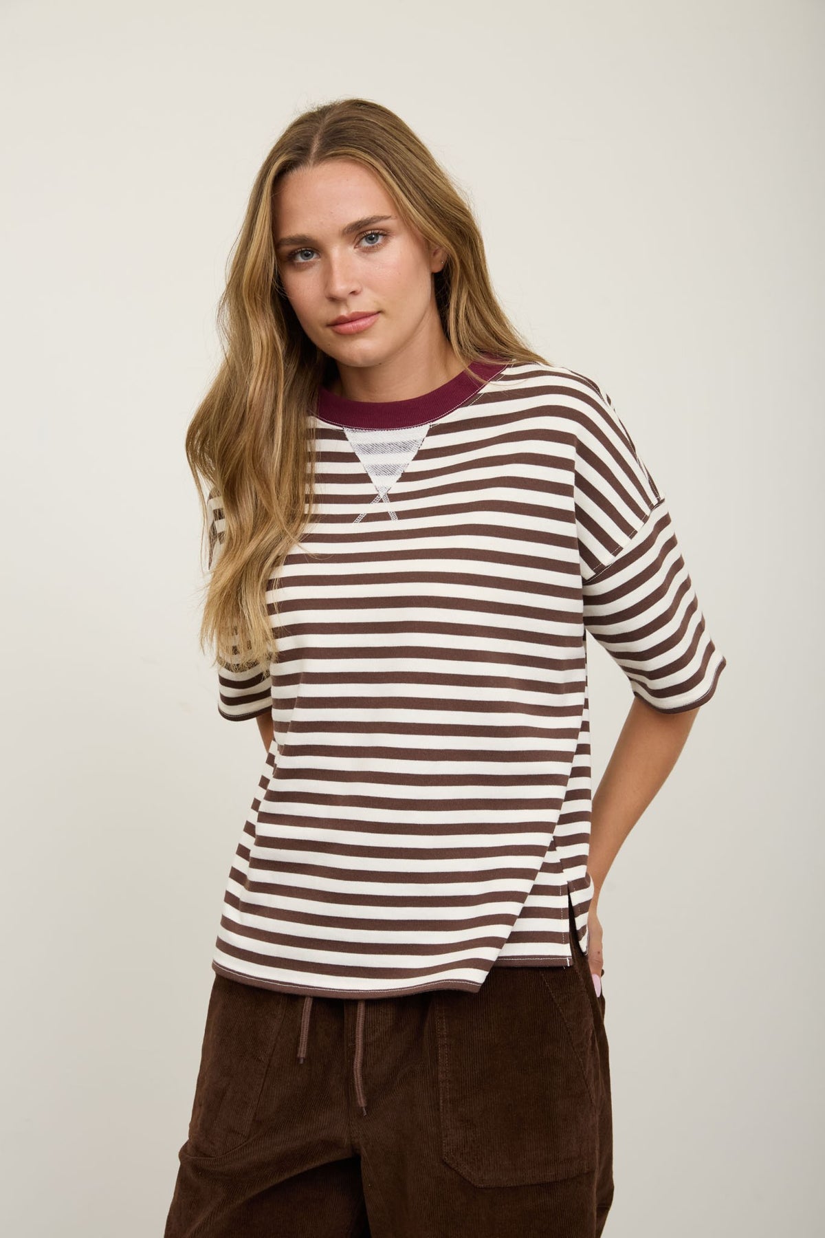 Dark Brown Stripe Colorblock Detail Short Sleeve Knit T-shirt