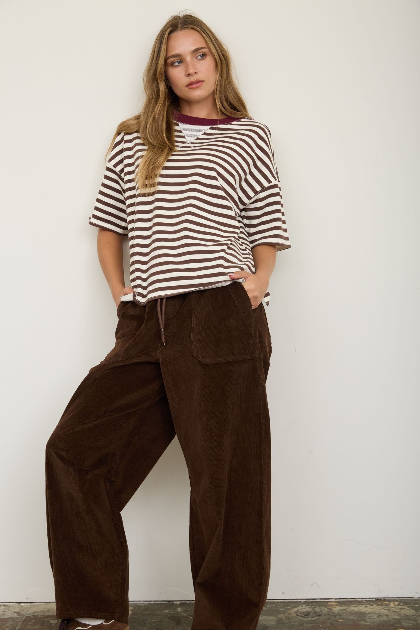 Dark Brown Stripe Colorblock Detail Short Sleeve Knit T-shirt