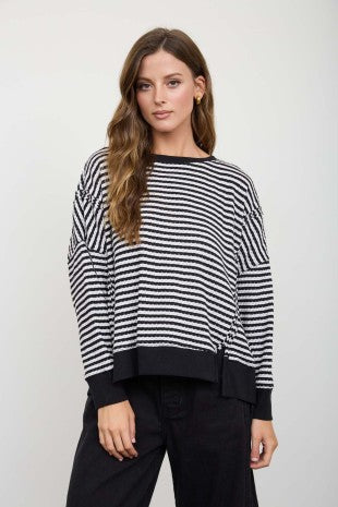 Addison Stripe Exposed Seam Split Hem Long Sleeve Knit Top