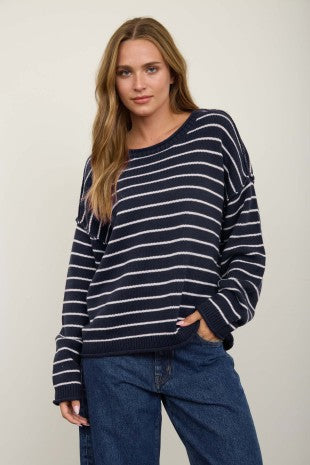 Willow Cream Striped Drop Shoulder Crew Neck Sweater in Navy
